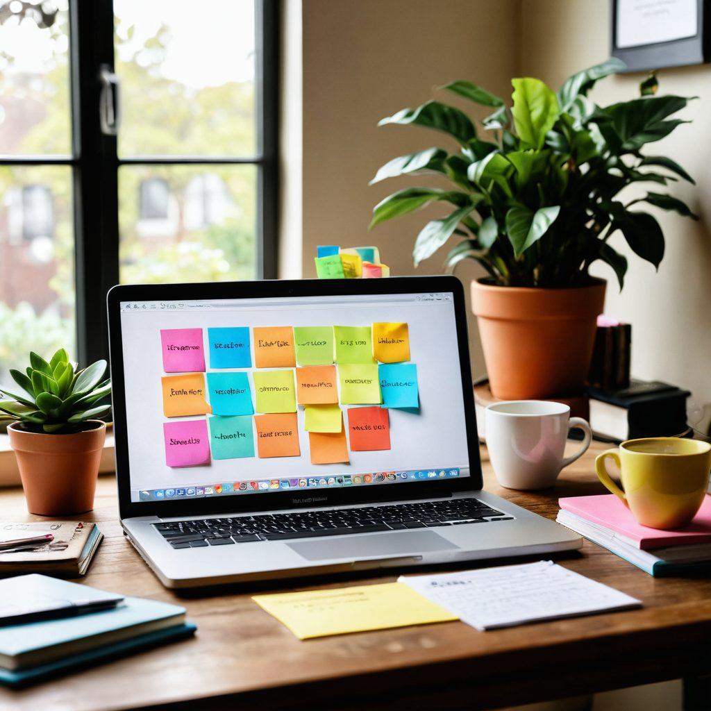 A captivating image of an open laptop on a wooden desk surrounded by colorful sticky notes with blog ideas, a steaming cup of coffee, and a potted plant in the background. A light bulb overhead symbolizes inspiration, while scattered books signify knowledge. The atmosphere is cozy and inviting, perfect for bloggers seeking success. super-realistic. vibrant colors. soft focus.