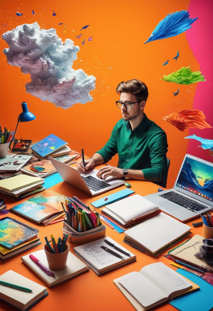 A writer at a desk surrounded by notebooks, colorful markers, and a laptop, immersed in creating a digital story, with whimsical storytelling elements like floating books and imaginative characters hovering around. The background shows a bright digital landscape with vibrant colors symbolizing creativity and inspiration. super-realistic. vibrant colors. bright background.
